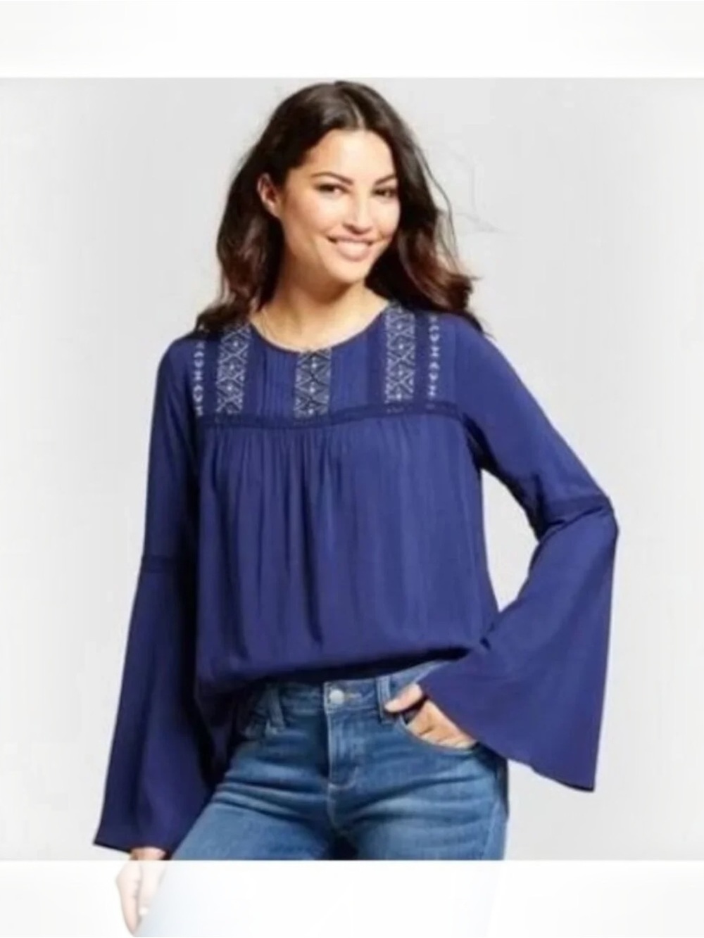 Knox Rose XL Navy Blue Embroidered Boho Bell Sleeve Peasant Blouse Rayon